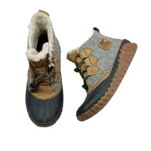 Sorel Out N About Plus Boots Youth Size 2 Quarry Waterproof Winter Snow Gray Tan